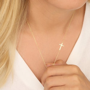 14K Gold Cross Necklace, Sideways Cross Charm Necklace, Dainty Silver Crucifix Pendant, Religious Jewelry, Moms Gift, Unique Gifts For Mom