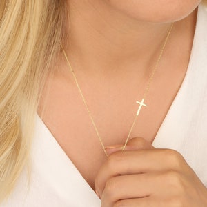 14K Gold Cross Necklace, Sideways Cross Charm Necklace, Dainty Silver Crucifix Pendant, Religious Jewelry, Moms Gift, Best Mother's Day Gift image 1