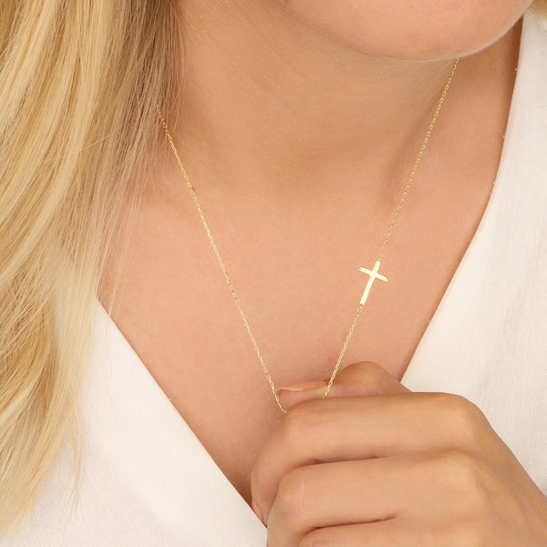 14K Gold Cross Necklace, Sideways Cross Charm Necklace, Dainty Silver Crucifix Pendant, Religious Jewelry, Moms Gift, Best Mother's Day Gift