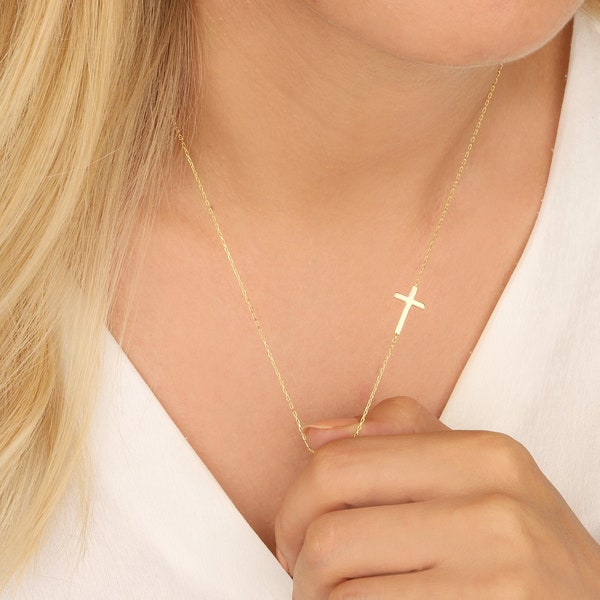 Sideways Cross Necklace, Dainty Cross Pendant, Religious Women Jewelry