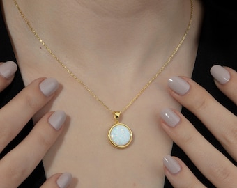 14 kt gouden ronde opaalketting, witte vuuropaalhanger, oktober geboortesteensieraden