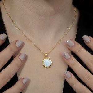 14K Gold Round Opal Necklace, Silver White Fire Opal Pendants, October Birthstone Necklaces, Birthday Gift For Woman, Unique Gifts For Mom