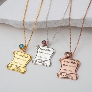 14K gouden geboorteakteketting, zilveren kindernaamkettingen, gepersonaliseerde geboortesteenketting voor Moederdag, cadeau voor Moederdag