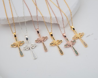 Personalized Birthstone Cross Necklace, Solid 14K Gold, Sterling Silver Options
