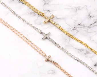 New 14k Gold Side Cross Bracelet Adjustable Rolo Chain Link 7/"-8/" Latin Cruz Oro