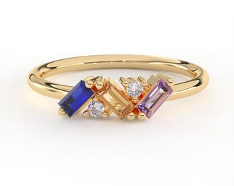 Baguette Birthstone Ring for Mom, Personalized Family Jewelry, Custom Birthstone, Grandma Gift