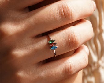 Personalized Marquise Birthstone Ring, Sterling Silver Family Jewelry