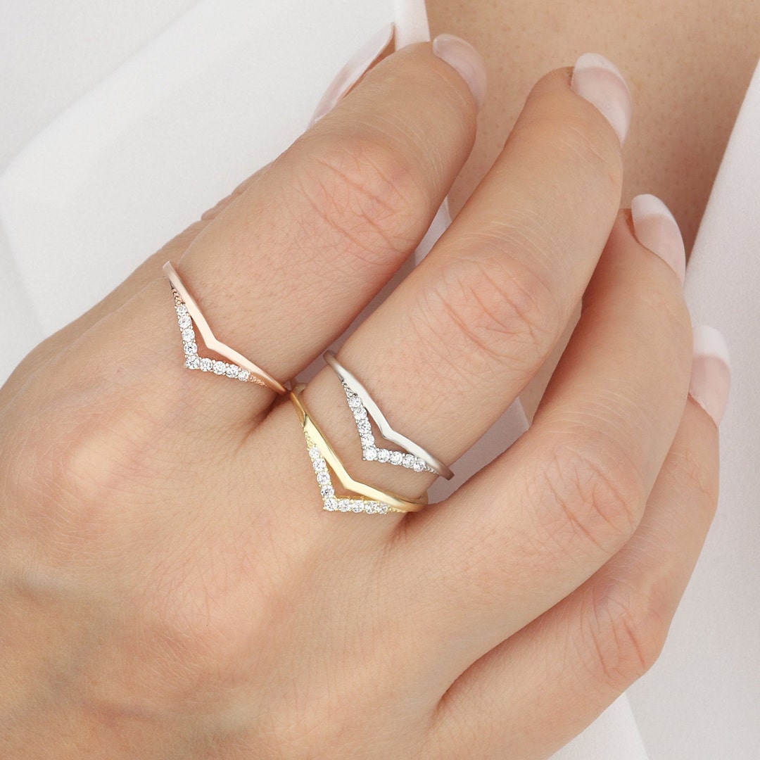 18K Dainty Midi V Zircon Diamond Ring, 14K Solid Gold