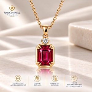 May include: A gold necklace featuring a rectangular emerald-cut red gemstone pendant topped with a small round diamond. The pendant hangs from a gold chain. Text includes SilverCityByEva, Tarnish-Free & Hypoallergenic, Elegant Gift Box, Certificate Included, and 0.05 CT Natural Diamond G Color VS1 Clarity.