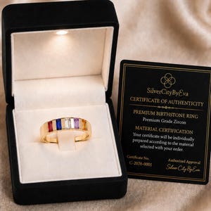 Personalized Birthstone Ring for Mom, Baguette Family Ring, Custom Mother Jewelry, Includes Lighted Jewelry Box Certificate of Authenticity