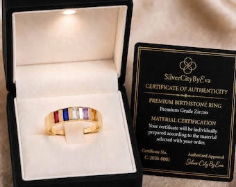 Bague personnalisée avec pierre de naissance pour maman, bague familiale baguette, bijou personnalisé pour maman, coffret à bijoux lumineux et certificat d'authenticité inclus.