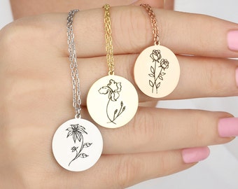 Dainty Sterling Silver Birth Flower Necklace, Personalized Floral Pendant, Mother's Gift