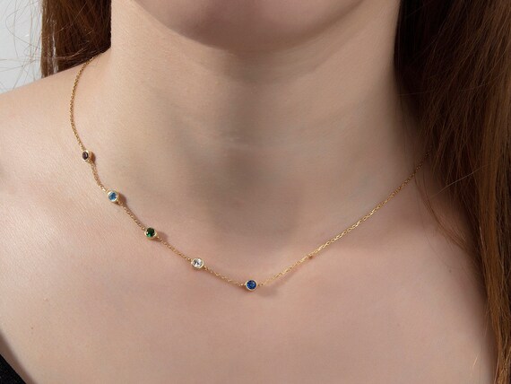 14K Gold Spaced Birthstone Necklaces Personalized Jewelry