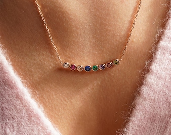 14K Gold Family Birthstone Necklace, Personalized Mom Gift