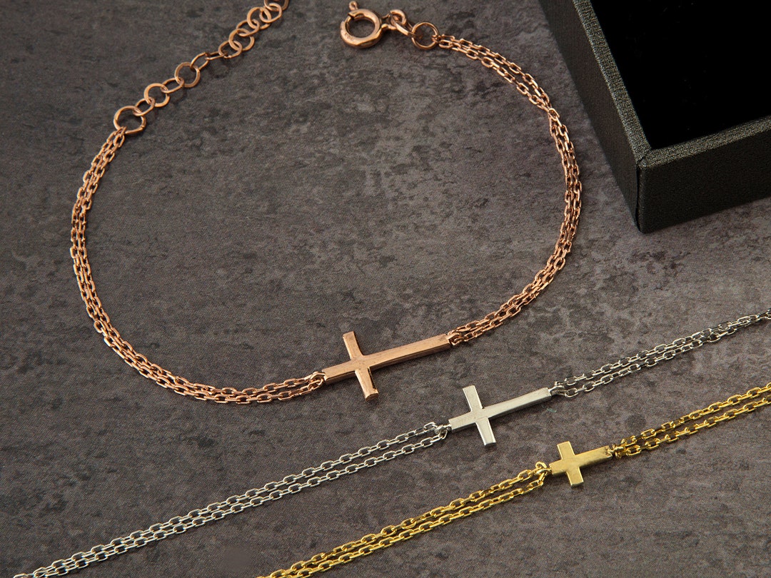 14K Gold Cross Charm Bracelets, Solid Gold Crucifix Bracelet, Cross