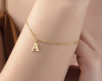 14K Gold Initial Bracelet, Custom Letter Charm, Dainty Personalized Jewelry