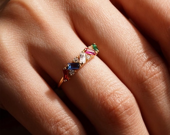 Baguette Birthstone Family Rings For Mothers, Personalized Gifts, Ring For Grandmothers, Custom Made Jewelry For Women, Unique Gifts For Mom