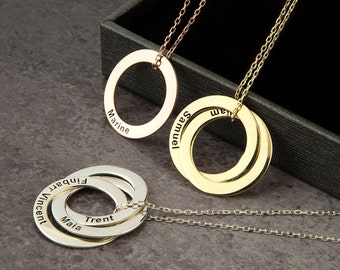 14K Solid Gold Multi Circle Pendants, Silver Family Name Necklace, Custom Made Gifts For Mothers, Engraved Necklaces, Best Mother's Day Gift