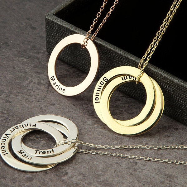 14K Solid Gold Multi Circle Pendants, Silver Family Name Necklace, Custom Made Gifts For Mothers, Engraved Necklaces, Best Mother's Day Gift