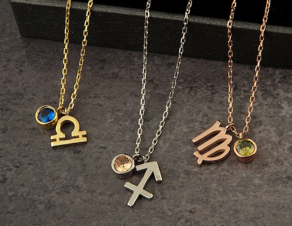 Silver Zodiac Sign Pendant With Birthstone Charm 14K Gold Zodiac