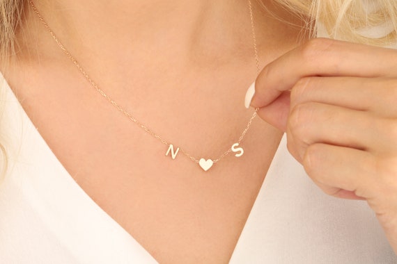 Initial Necklace Gold 14K Two Initial Necklace With Heart 