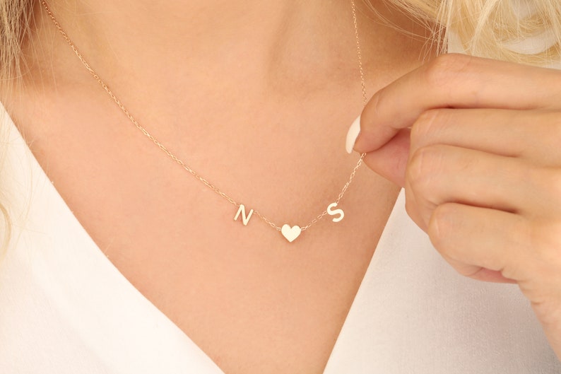 18K Gold Initial Necklace, Couples Heart Necklace, 14K Gold Name Necklace, Letter Necklace, Meaningful Gift For Moms, Best Mother's Day Gift image 1