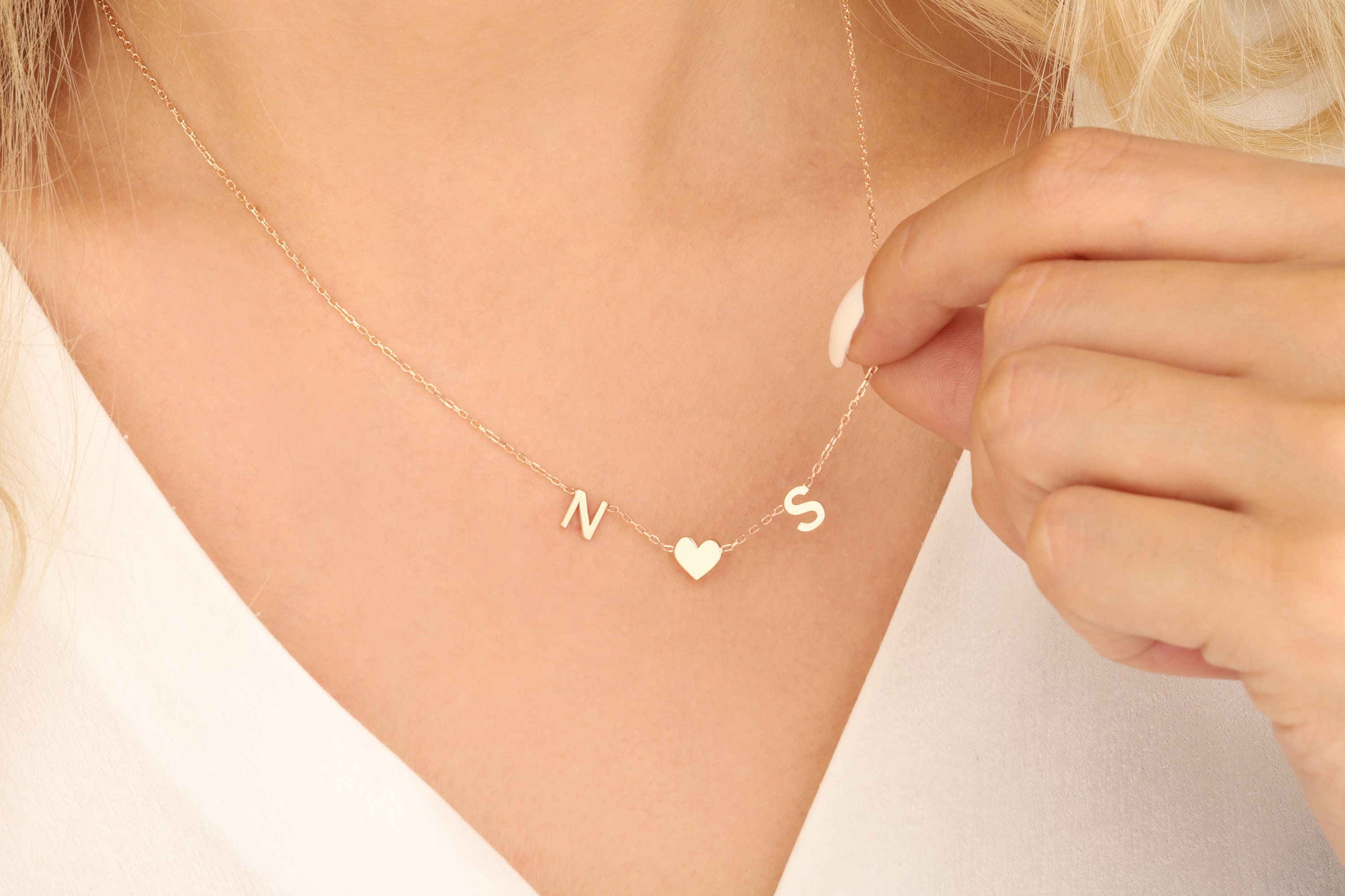 18K Gold Initial Necklace, Couples Heart Necklace, 14K Gold Name