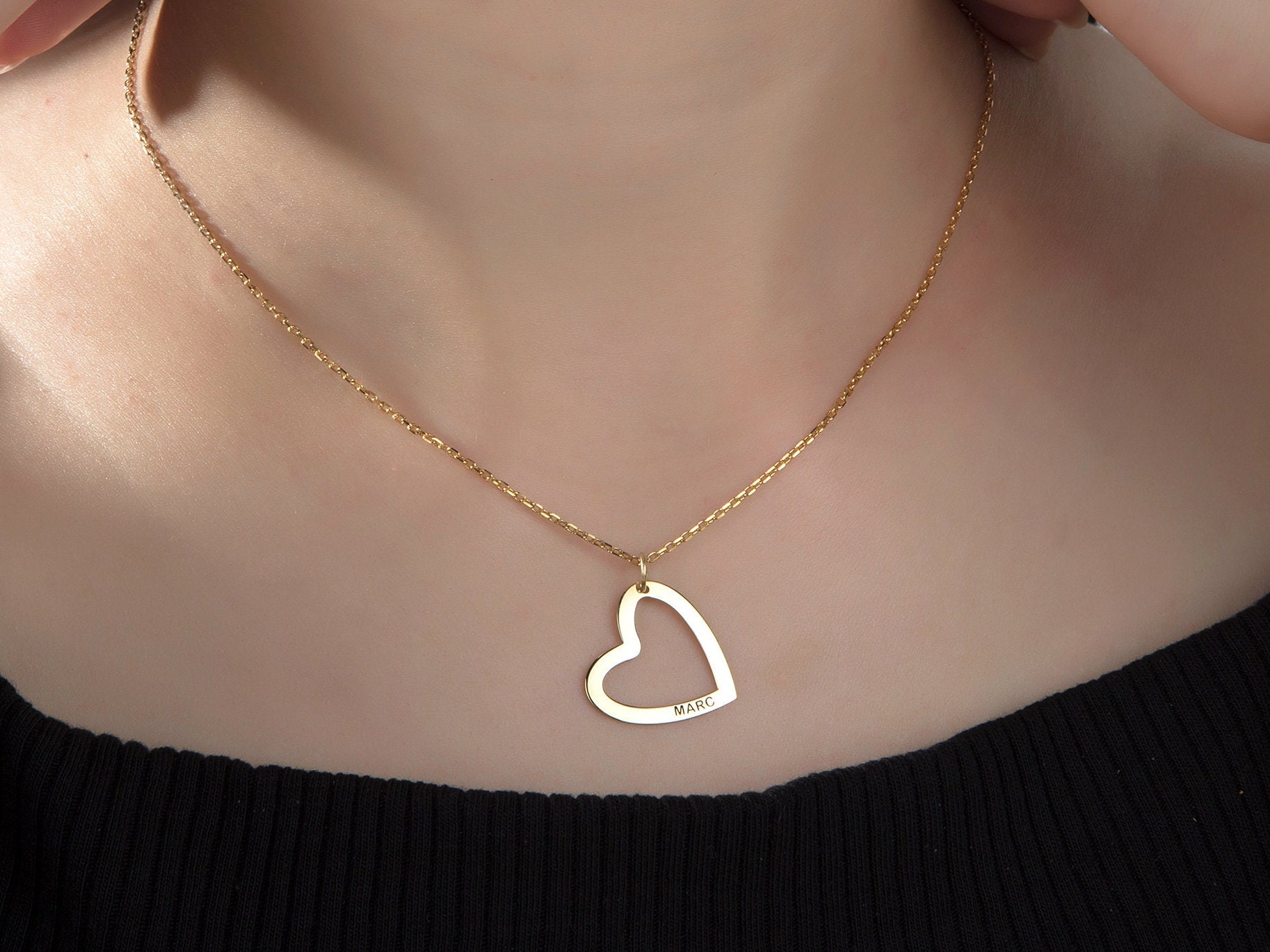 14K Gold Heart Name Necklace Silver Engraved Heart Necklace Etsy