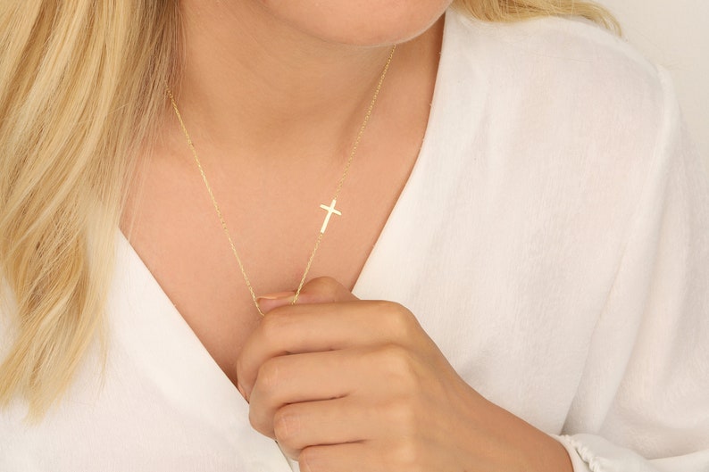 14K Gold Cross Necklace, Sideways Cross Charm Necklace, Dainty Silver Crucifix Pendant, Religious Jewelry. Moms Gift, Best Gifts for Mothers 