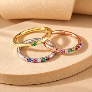 Birthstone Ring For Mothers, Stackable Tiny Ring, Personalized Gift Jewelry