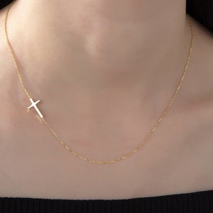 14K Gold Cross Necklace, Sideways Cross Charm Necklace, Dainty Silver Crucifix Pendant, Religious Jewelry, Moms Gift, Best Mother's Day Gift image 2