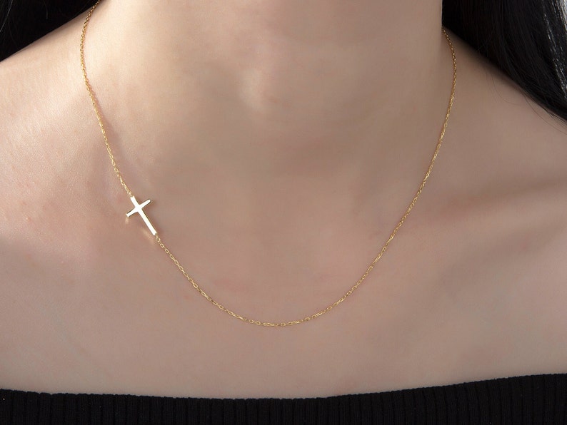 14K Gold Cross Necklace, Sideways Cross Charm Necklace, Dainty Silver Crucifix Pendant, Religious Jewelry, Moms Gift, Best Mother's Day Gift image 2