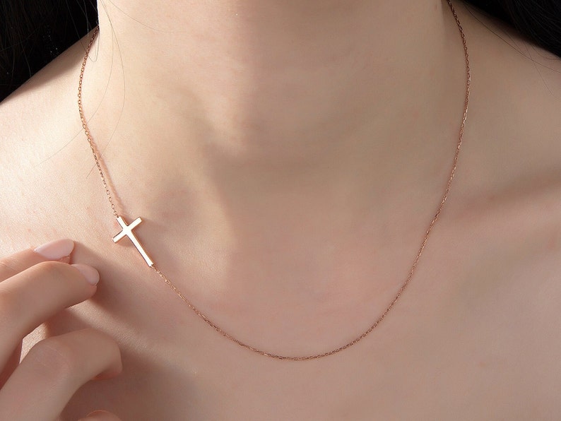 14K Gold Cross Necklace, Sideways Cross Charm Necklace, Dainty Silver Crucifix Pendant, Religious Jewelry, Moms Gift, Best Mother's Day Gift image 5