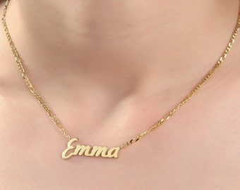 14K Gold Dainty Name Necklace, Silver Name Plate Necklaces, Name Pendant With Figaro Chain, Customized Gifts For Mom, Best Mother's Day Gift