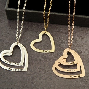 14K Gold Multiple Name Herz Halsketten, Geschenke für Mütter, Familienname Gravierte Silberkette, personalisierte Geschenke, einzigartige Geschenke für Mama