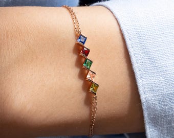 Personalized Princess Birthstone Bracelet, 14K Gold Family Jewelry, Sterling Silver Gift