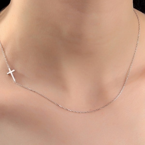 14K Gold Cross Necklace, Sideways Cross Charm Necklace, Dainty Silver Crucifix Pendant, Religious Jewelry, Moms Gift, Best Mother's Day Gift image 4