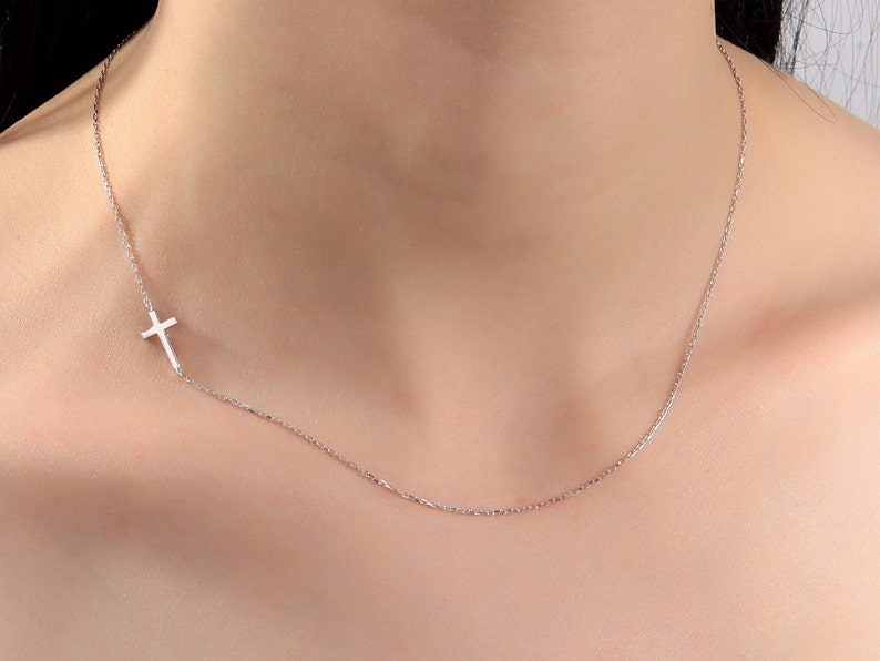 14K Gold Cross Necklace, Sideways Cross Charm Necklace, Dainty Silver Crucifix Pendant, Religious Jewelry, Moms Gift, Best Mother's Day Gift image 4