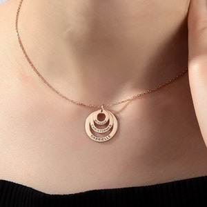 14K Solid Gold Name Necklaces, Multi Name Engraved Circle Necklace, Personalized Gifts For Mom, Silver Name Pendants, Unique Gifts For Mom