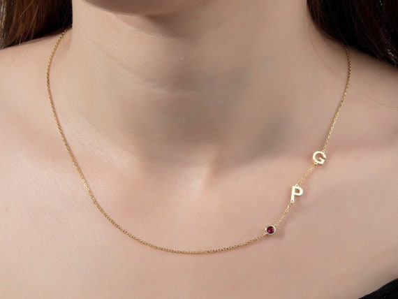 14K Gold Birthstone Letter Necklace Silver Sideways Letter