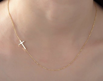 14K Gold Sideways Cross Necklace For Women, Religious Jewelry, 18K Solid Gold Crucifix Pendant, Birthday Gift For Her, Best Mothers Day Gift