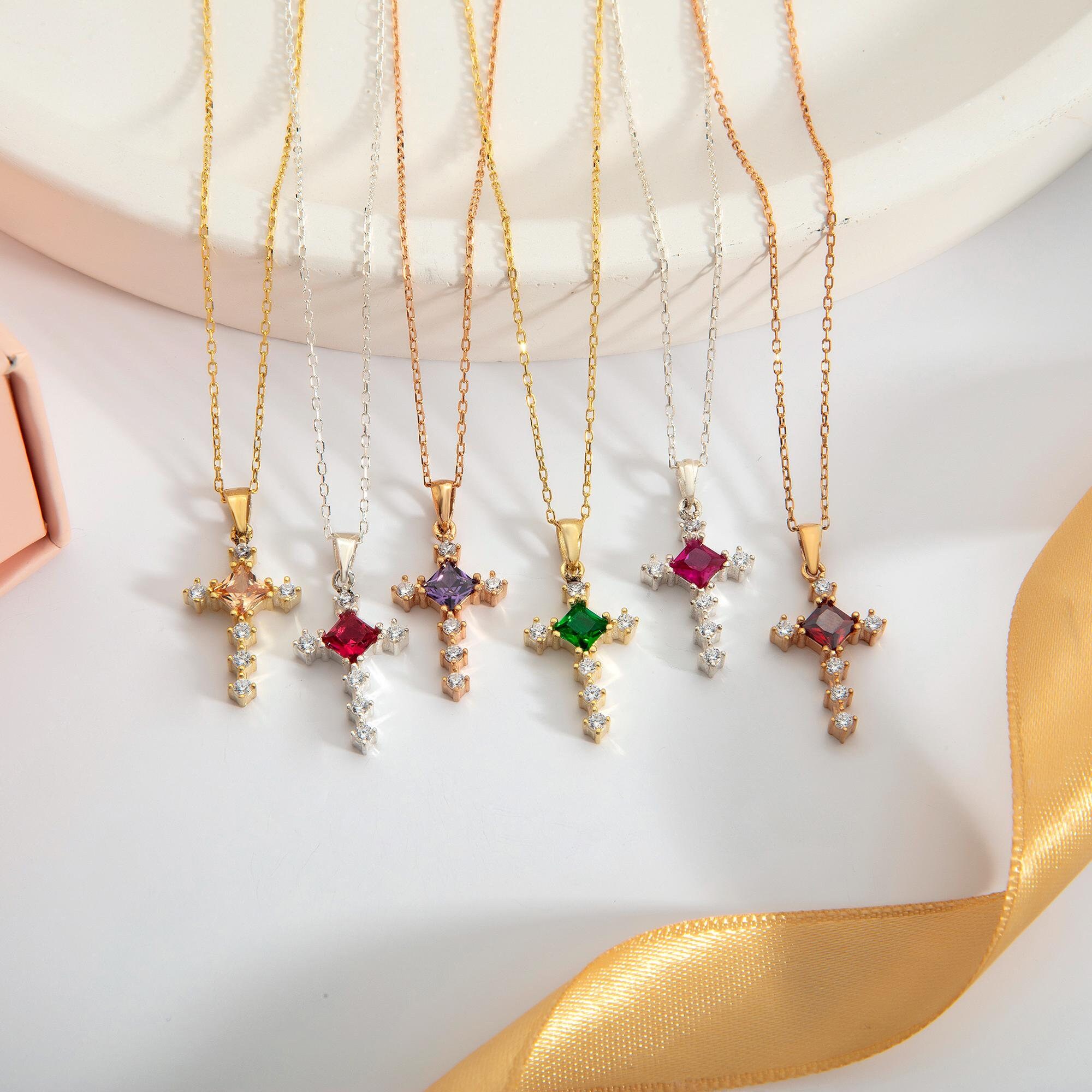 Zircon Diamond Cross Necklace, Dainty Cross Birthstone Necklace, Birthstone Necklace For Mothers, Personalized Gifts, Unique Gifts For Mom