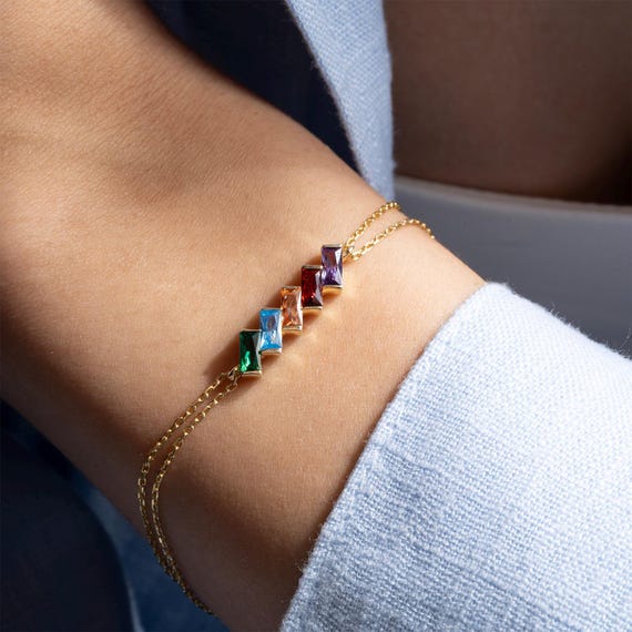 14K Gold Baguette Birthstone Bracelet, Birthstone Bracelet for