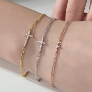 14K Gold Zircon Diamond Cross Bracelet, Religious Jewelry