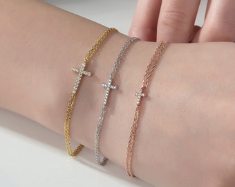 14K Solid Gold Cross Bracelets For Women, Zircon Diamond Crucifix Bracelet, Religious Jewelry, Birthday Gift For Mom, Best Mother's Day Gift