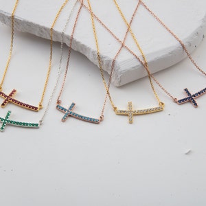 18K Gold Birthstone Cross Necklaces, Silver Curved Cross Necklace, Gifts For Mothers, Birthday Gifts For Grandmother, Unique Gifts For Mom