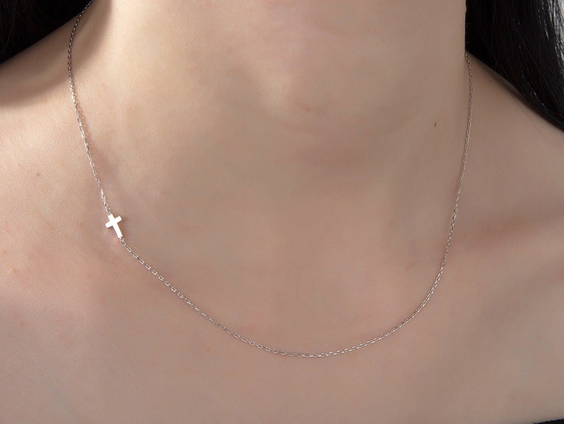 14K Gold Cross Necklace, Sideways Cross Charm Necklace, Dainty Silver Crucifix Pendant, Religious Jewelry, Moms Gift, Best Mother's Day Gift image 6