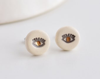 Porcelain earrings. Evil eye earrings. Delicate everyday ceramic studs. Whimsical unique handmade jewelry