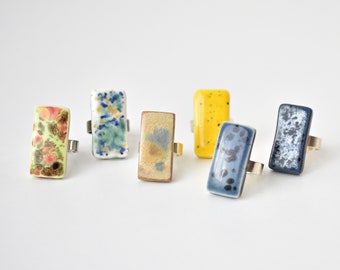 Eye-catching rectangular and adjustable ceramic rings for women. Big colored rings. Handmade summer jewelry gift