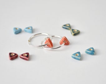 Hoop earrings with interchangeable ceramic beads. Colorful triangle earrings. Unique handmade ceramic jewelry for her